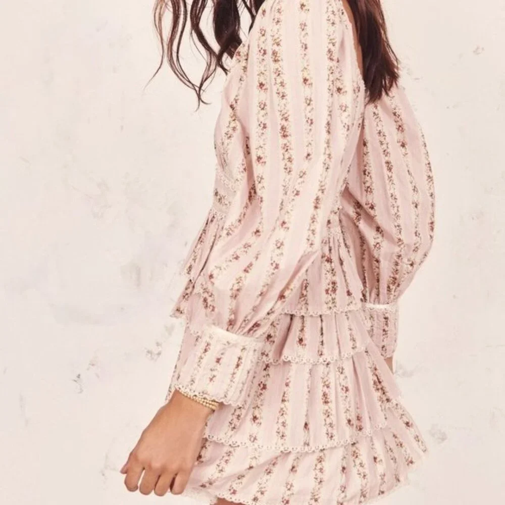 LoveShackFancy Astor Floral Mini Dress Cream Pink Size XS - Picture 2 of 5